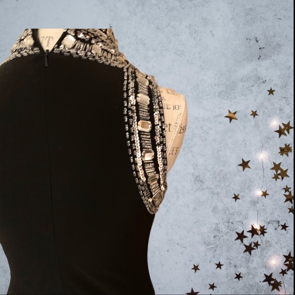 Aqua Black Mock Neck Beaded Sleeveless Gown Size 6 - Picture 7 of 16